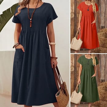 Haljina A-linije, okrugli izrez, kratki rukavi, srednja duljina, kineski stil literarno retro