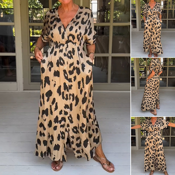 Haljina s leopard uzorkom, V-izrez, Raglan rukavi, panel suknja, poliester