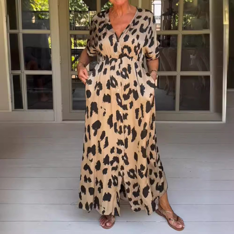 Haljina s leopard uzorkom, V-izrez, Raglan rukavi, panel suknja, poliester