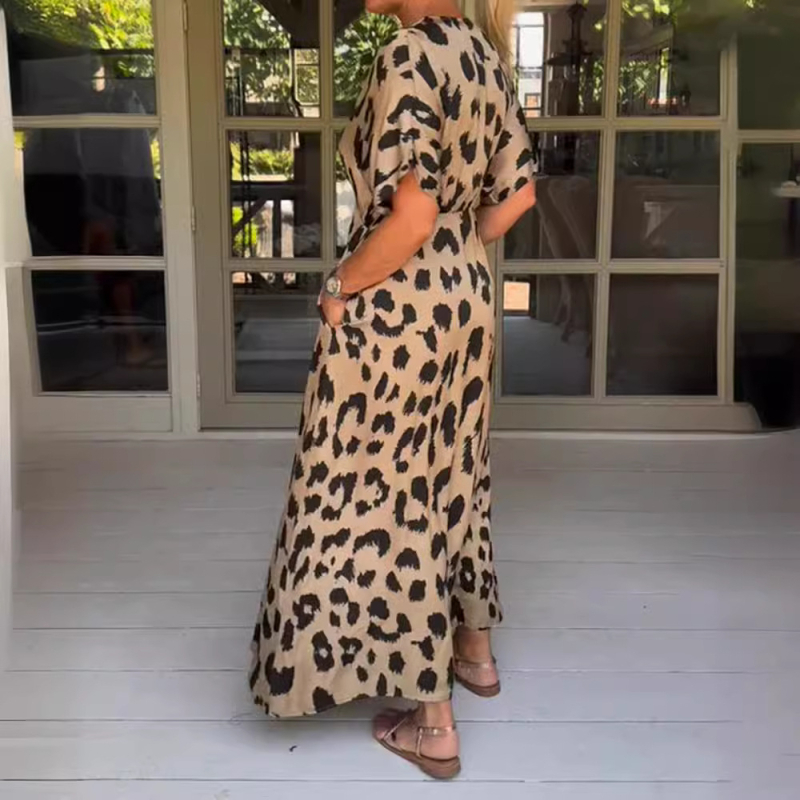 Haljina s leopard uzorkom, V-izrez, Raglan rukavi, panel suknja, poliester