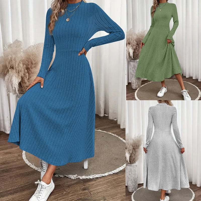 Ženska duga pletena haljina za jesen i zimu, jednobojna, okrugli izrez, A-linija, dugi rukavi, elegantna svakodnevna haljina