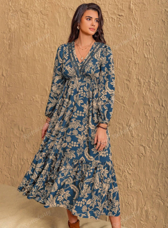Ženska haljina s V izrezom, dugim rukavima, floralni print, duga suknja tip kišobran, poliester