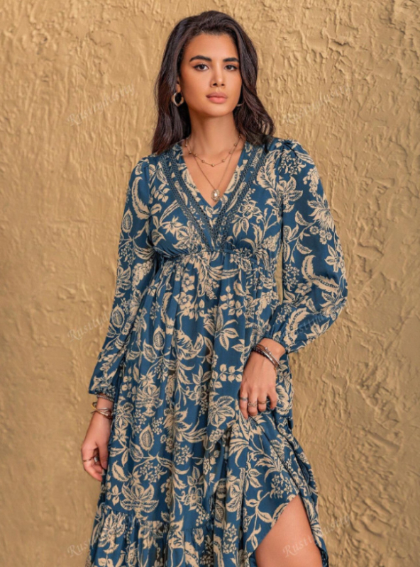Ženska haljina s V izrezom, dugim rukavima, floralni print, duga suknja tip kišobran, poliester