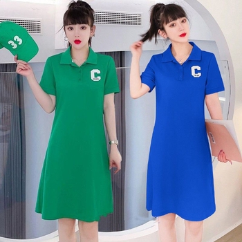 Βαμβακερό φόρεμα με polo γιακά, κοντά μανίκια, χαλαρή μέση, γραμμή Α, midi μήκος