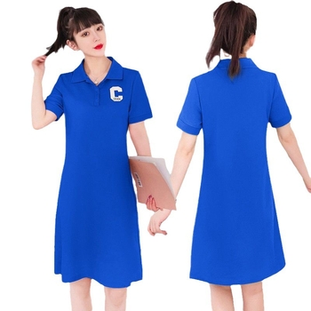 Βαμβακερό φόρεμα με polo γιακά, κοντά μανίκια, χαλαρή μέση, γραμμή Α, midi μήκος