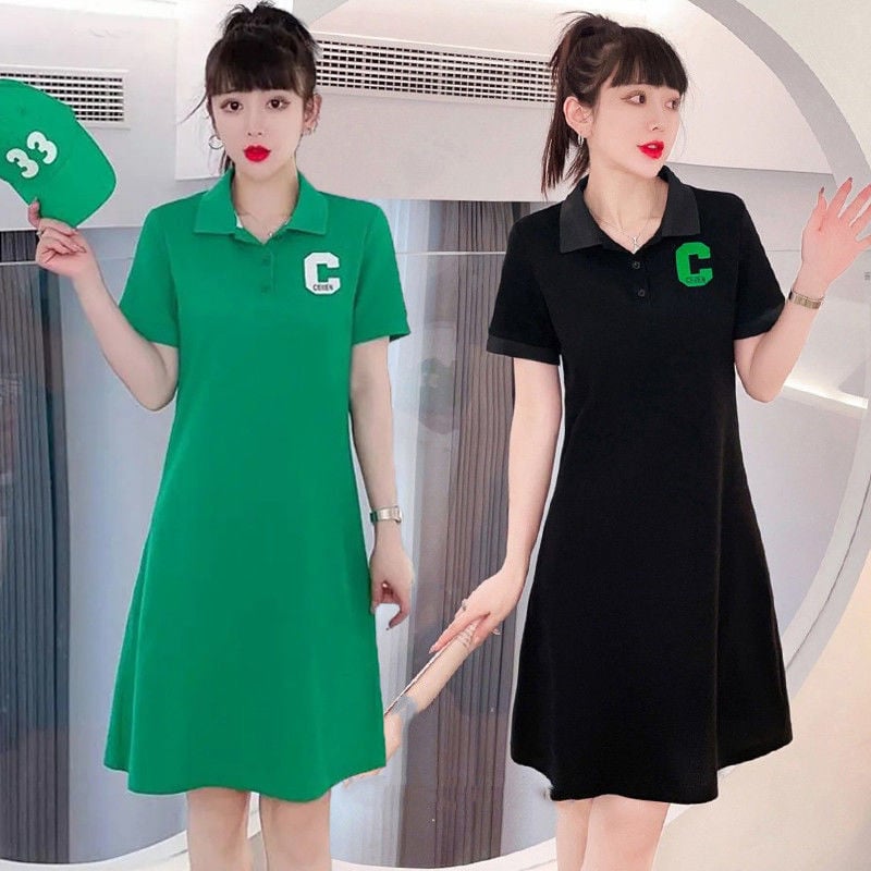 Βαμβακερό φόρεμα με polo γιακά, κοντά μανίκια, χαλαρή μέση, γραμμή Α, midi μήκος