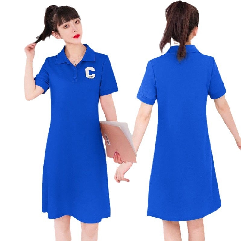 Βαμβακερό φόρεμα με polo γιακά, κοντά μανίκια, χαλαρή μέση, γραμμή Α, midi μήκος