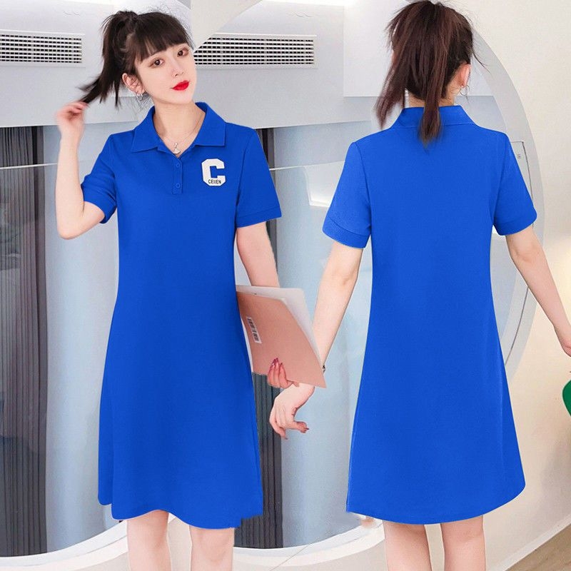 Βαμβακερό φόρεμα με polo γιακά, κοντά μανίκια, χαλαρή μέση, γραμμή Α, midi μήκος