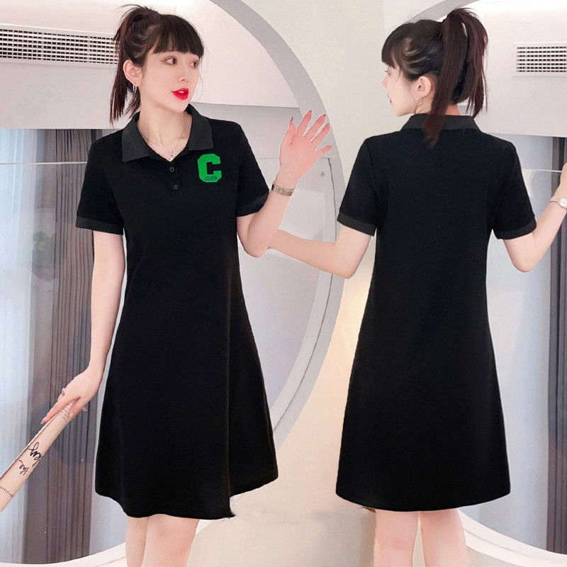 Βαμβακερό φόρεμα με polo γιακά, κοντά μανίκια, χαλαρή μέση, γραμμή Α, midi μήκος