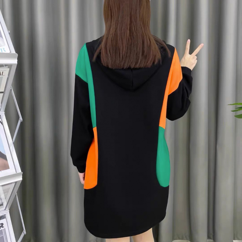 Haljina s kapuljačom u korejskom stilu, opušteni struk, srednja duljina, A-linija, dugi rukavi