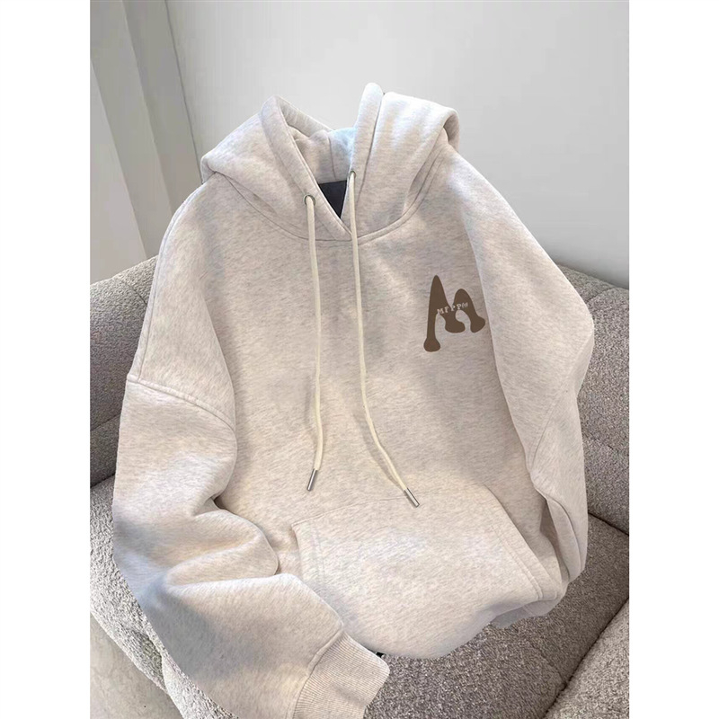 Damska dukserica s kapuljom, debeli fleece, vintage stil inspiriran nacionalnom modom, jesen/zima, bijela/siva, plus veličina, opuštena, udoban kroj