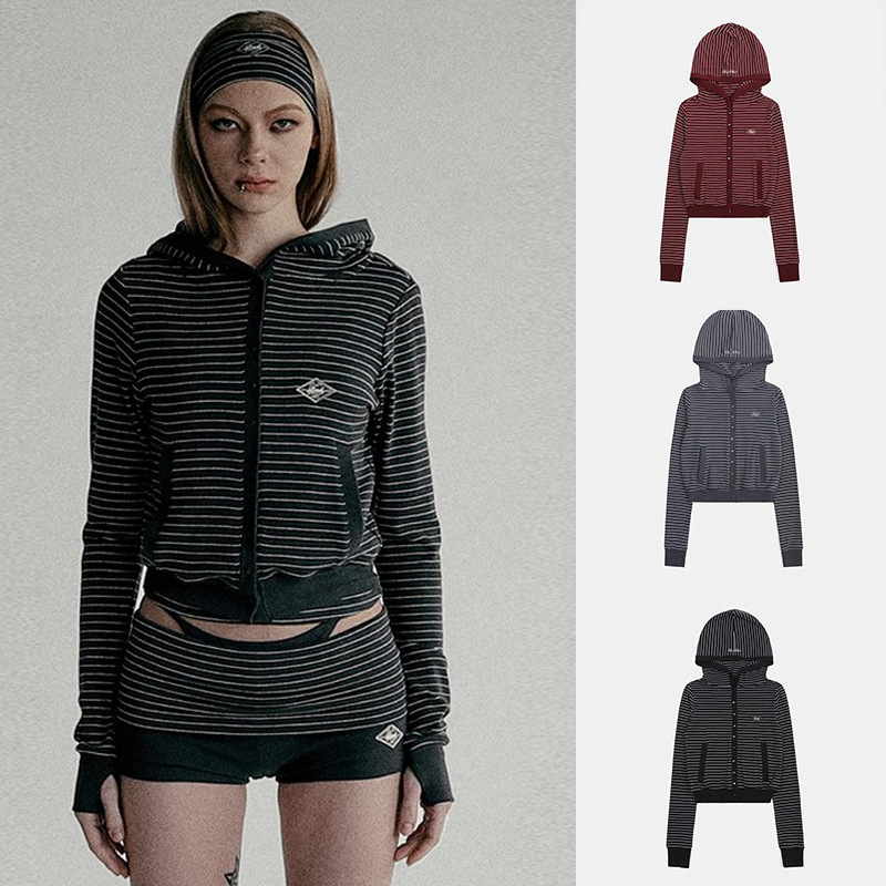 Ženski prugasti hoodie s pamukom 80–90%, zip, proljeće 2025