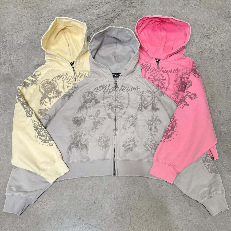 Kapucnis cipzáros pulóver – 3D nyomat, street style, középhosszú, poliészter/spandex