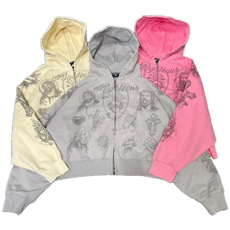 Kapucnis cipzáros pulóver – 3D nyomat, street style, középhosszú, poliészter/spandex