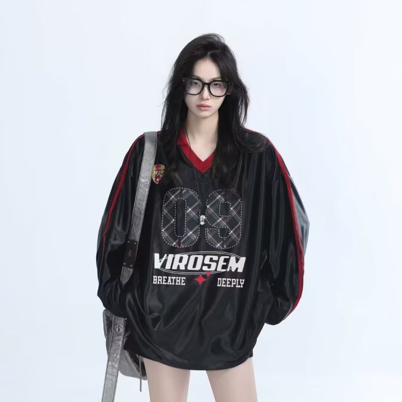 Dukserica američkog stila s otiscima slova, unisex, dugi rukavi, V-izrez, opuštena silueta, poliester