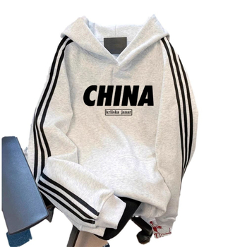 Ženski pulover s kapuljom, prugasti uzorak, fleece podstava, širok kroj, poliester, zimski streetwear 2024