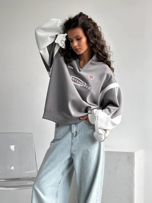 Ženski jesenski sweatshirt s tiskom slova, stojeći ovratnik, široka silueta, pamuk-poliester smjesa