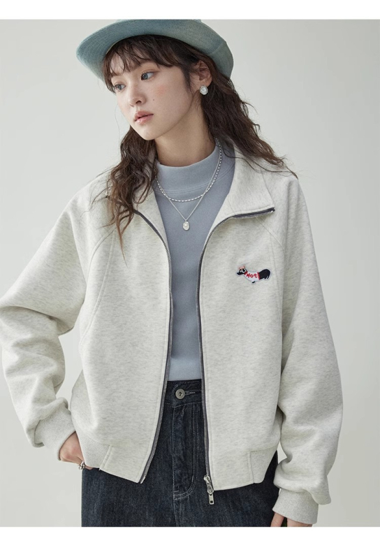 Ženski kardigan-sweatshirt s izšivkom psa, slobodan kroj, stojeći ovratnik, zatvarač, pamuk/elastan