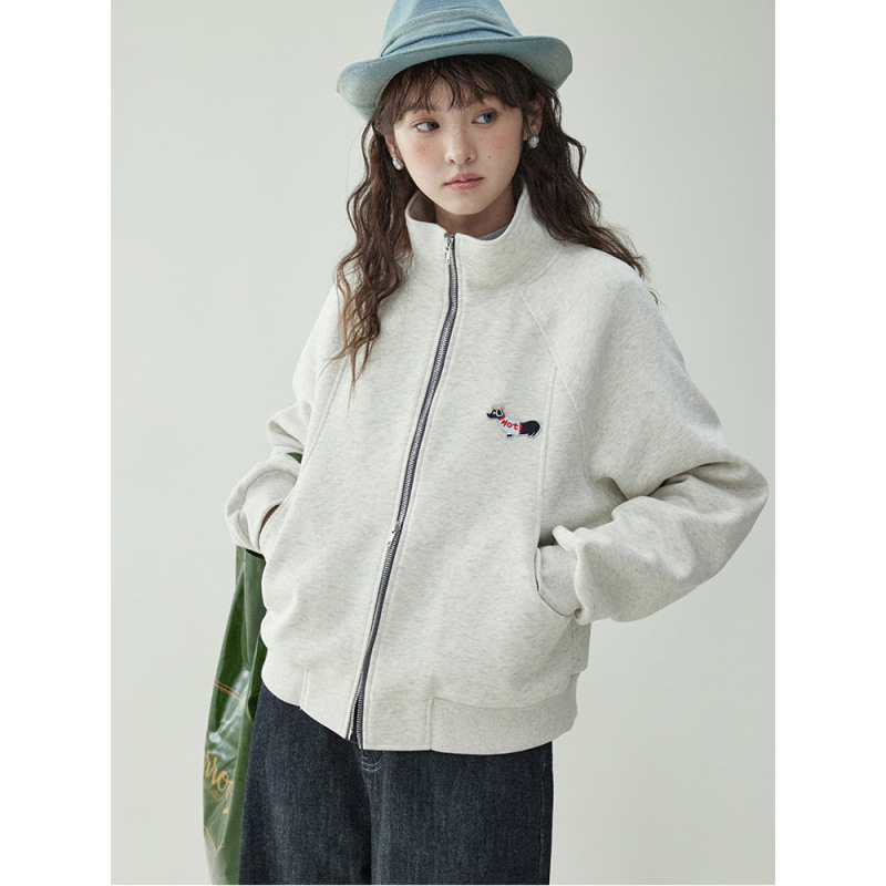 Ženski kardigan-sweatshirt s izšivkom psa, slobodan kroj, stojeći ovratnik, zatvarač, pamuk/elastan