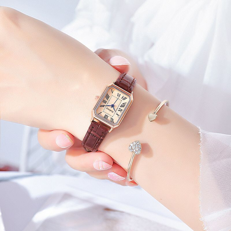 Ceas quartz feminin cu cadran dreptunghiular, stil coreean, oră mondială, curea PU, carcasă din aliaj