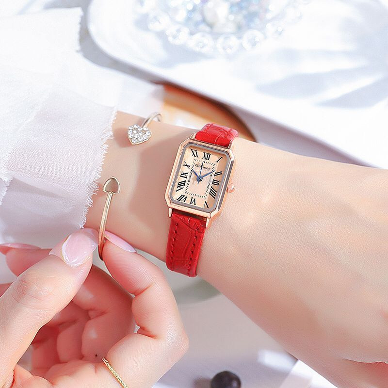 Ceas quartz feminin cu cadran dreptunghiular, stil coreean, oră mondială, curea PU, carcasă din aliaj