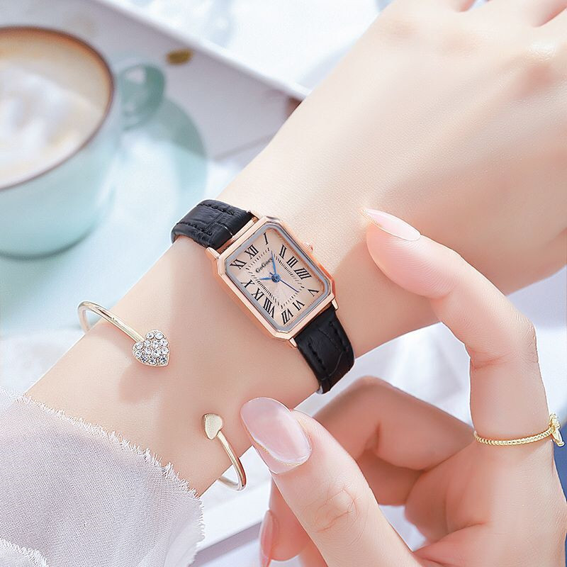 Ceas quartz feminin cu cadran dreptunghiular, stil coreean, oră mondială, curea PU, carcasă din aliaj