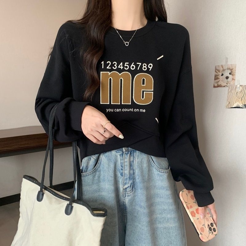 Ženski cropped sweatshirt s američkim retro printom, udoban kroj, prekršten dizajn, dugački rukavi, okrugli izrez