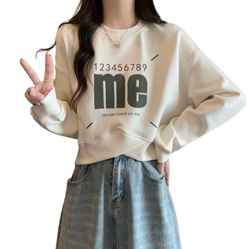 Ženski cropped sweatshirt s američkim retro printom, udoban kroj, prekršten dizajn, dugački rukavi, okrugli izrez