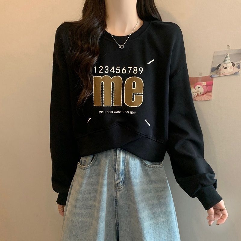 Ženski cropped sweatshirt s američkim retro printom, udoban kroj, prekršten dizajn, dugački rukavi, okrugli izrez