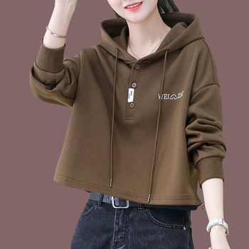 Ženski kratki pamukasti hoodie s kapuljom, ležeran kroj, dugi rukav, izvezeni detalji, pamuk-poliester smjesa 30–50%, gradski stil, jesen 2023