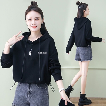 Ženski kratki pamukasti hoodie s kapuljom, ležeran kroj, dugi rukav, izvezeni detalji, pamuk-poliester smjesa 30–50%, gradski stil, jesen 2023