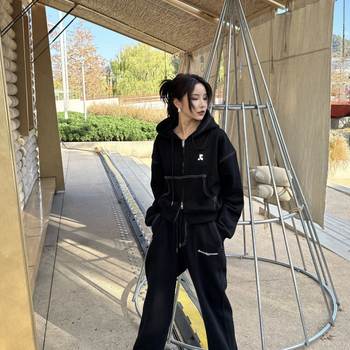 Cardigan de damă cu fermoar și glugă, imprimeu cu litere coreene, stil minimalist, croi Slim, bumbac 80–90%, lungime normală 50–65 cm