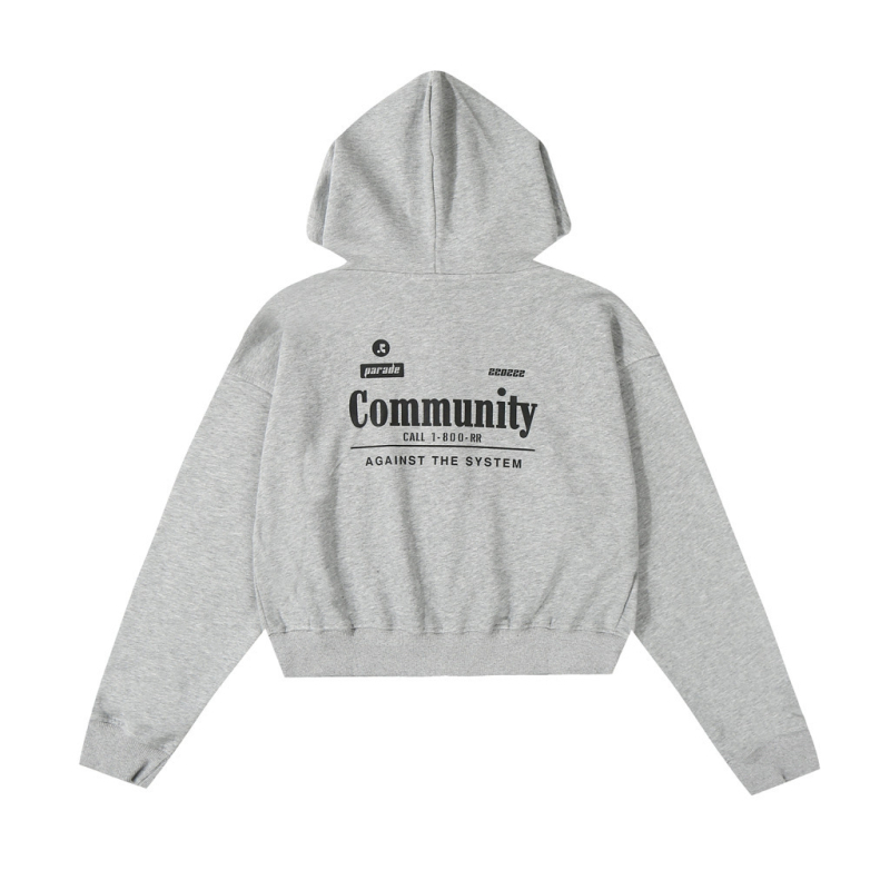 Cardigan de damă cu fermoar și glugă, imprimeu cu litere coreene, stil minimalist, croi Slim, bumbac 80–90%, lungime normală 50–65 cm