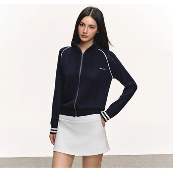 Cardigan tricotat cu fermoar, decolteu în V, jacquard cu litere, mâneci lungi, poliester