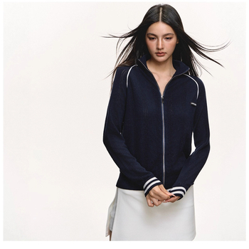 Cardigan tricotat cu fermoar, decolteu în V, jacquard cu litere, mâneci lungi, poliester