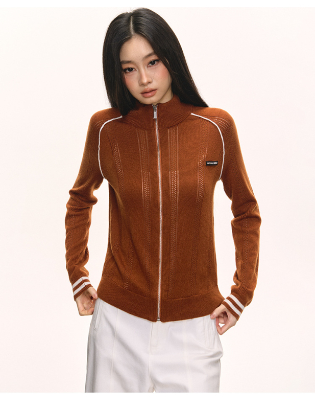 Cardigan tricotat cu fermoar, decolteu în V, jacquard cu litere, mâneci lungi, poliester