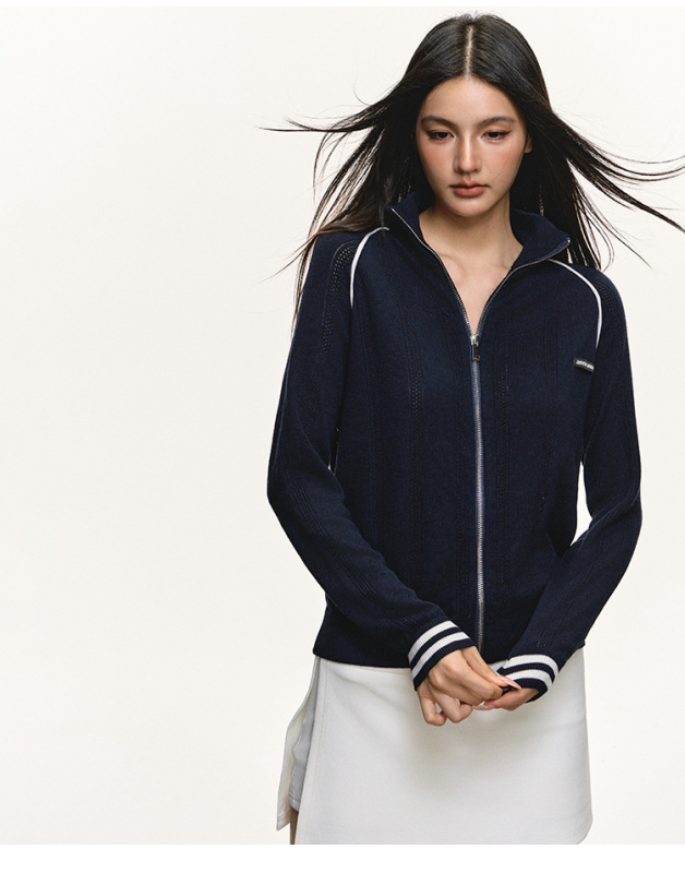 Cardigan tricotat cu fermoar, decolteu în V, jacquard cu litere, mâneci lungi, poliester