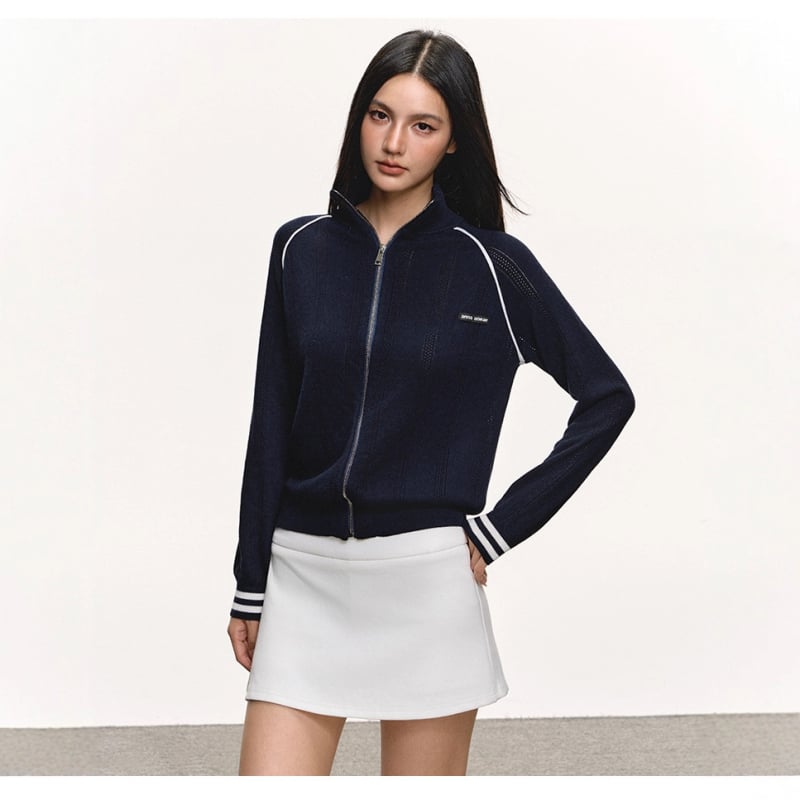 Cardigan tricotat cu fermoar, decolteu în V, jacquard cu litere, mâneci lungi, poliester