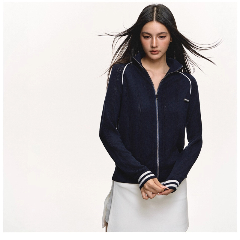 Cardigan tricotat cu fermoar, decolteu în V, jacquard cu litere, mâneci lungi, poliester