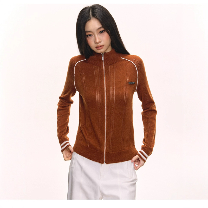 Cardigan tricotat cu fermoar, decolteu în V, jacquard cu litere, mâneci lungi, poliester