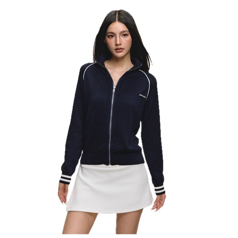 Cardigan tricotat cu fermoar, decolteu în V, jacquard cu litere, mâneci lungi, poliester