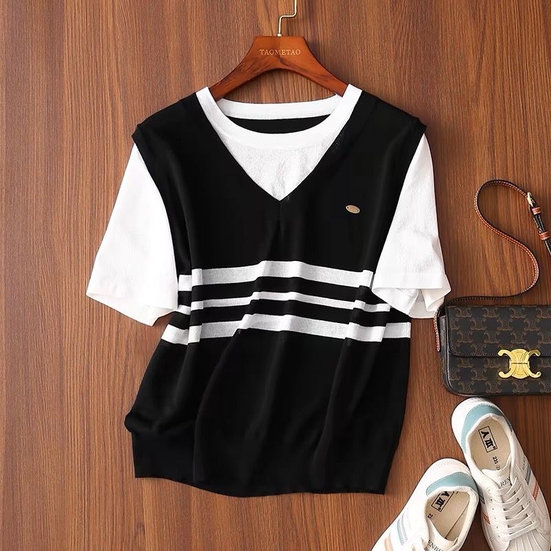 Pulover cu patchwork și dungi contrastante, poliester, aspect de două piese, croială slim, stil urban