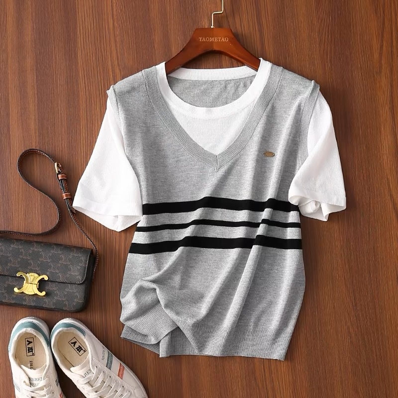 Pulover cu patchwork și dungi contrastante, poliester, aspect de două piese, croială slim, stil urban