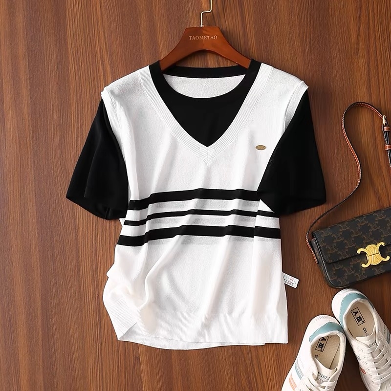 Pulover cu patchwork și dungi contrastante, poliester, aspect de două piese, croială slim, stil urban