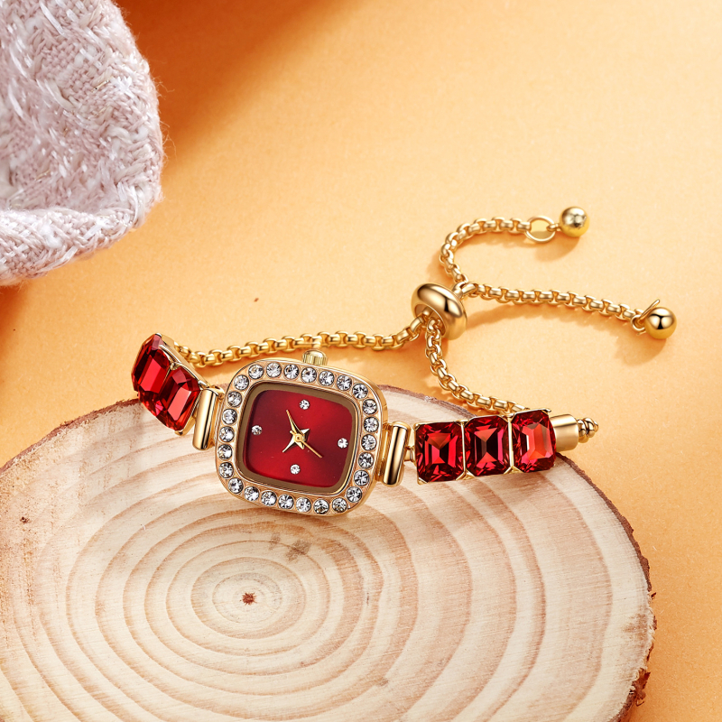 Ceas dama quartz cu carcasă pătrată încrustată cu diamante și motif retro de grâu (Mișcare cuarț; Carcasă din aliaj; Curea din piele artificială; Coroană în formă de ceapă; Geam mineral consolidat)