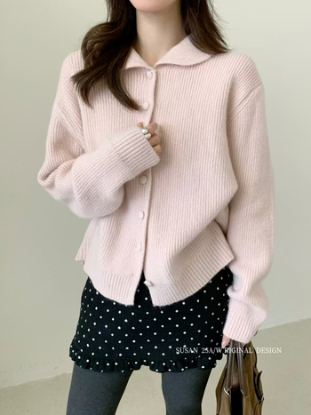 Cardigan cu guler de păpușă, fibră acrilică, tricot gros, croială lejeră, mâneci lungi