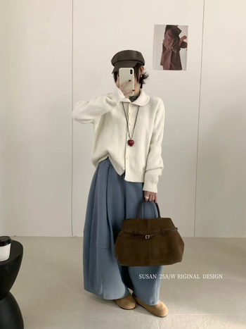 Cardigan cu guler de păpușă, fibră acrilică, tricot gros, croială lejeră, mâneci lungi