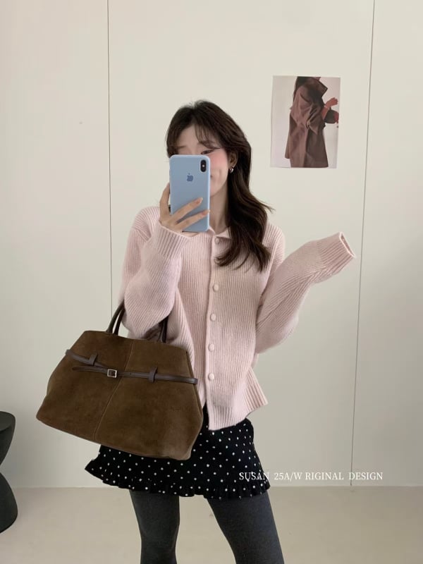 Cardigan cu guler de păpușă, fibră acrilică, tricot gros, croială lejeră, mâneci lungi