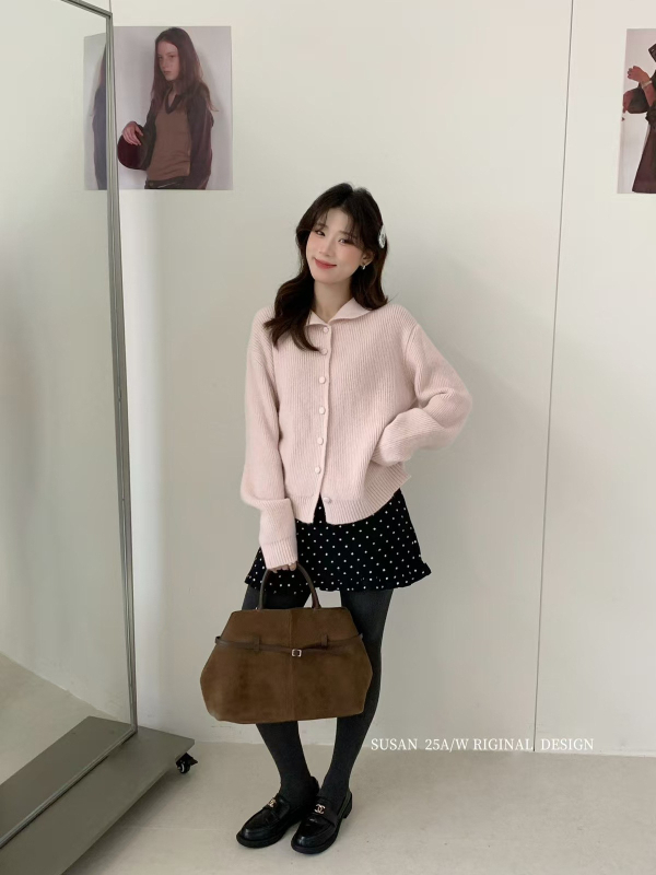 Cardigan cu guler de păpușă, fibră acrilică, tricot gros, croială lejeră, mâneci lungi