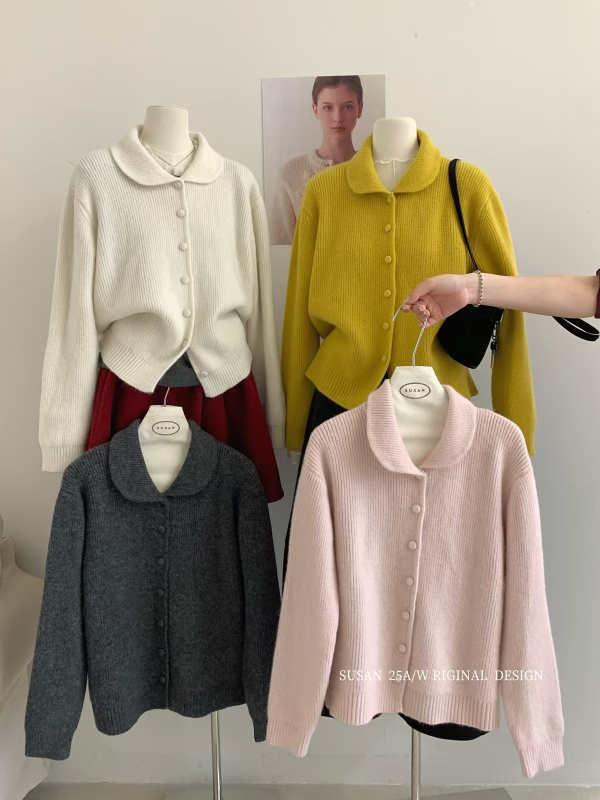 Cardigan cu guler de păpușă, fibră acrilică, tricot gros, croială lejeră, mâneci lungi